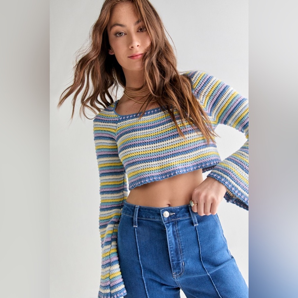 Striped Cropped Sweater with Bell Sleeves